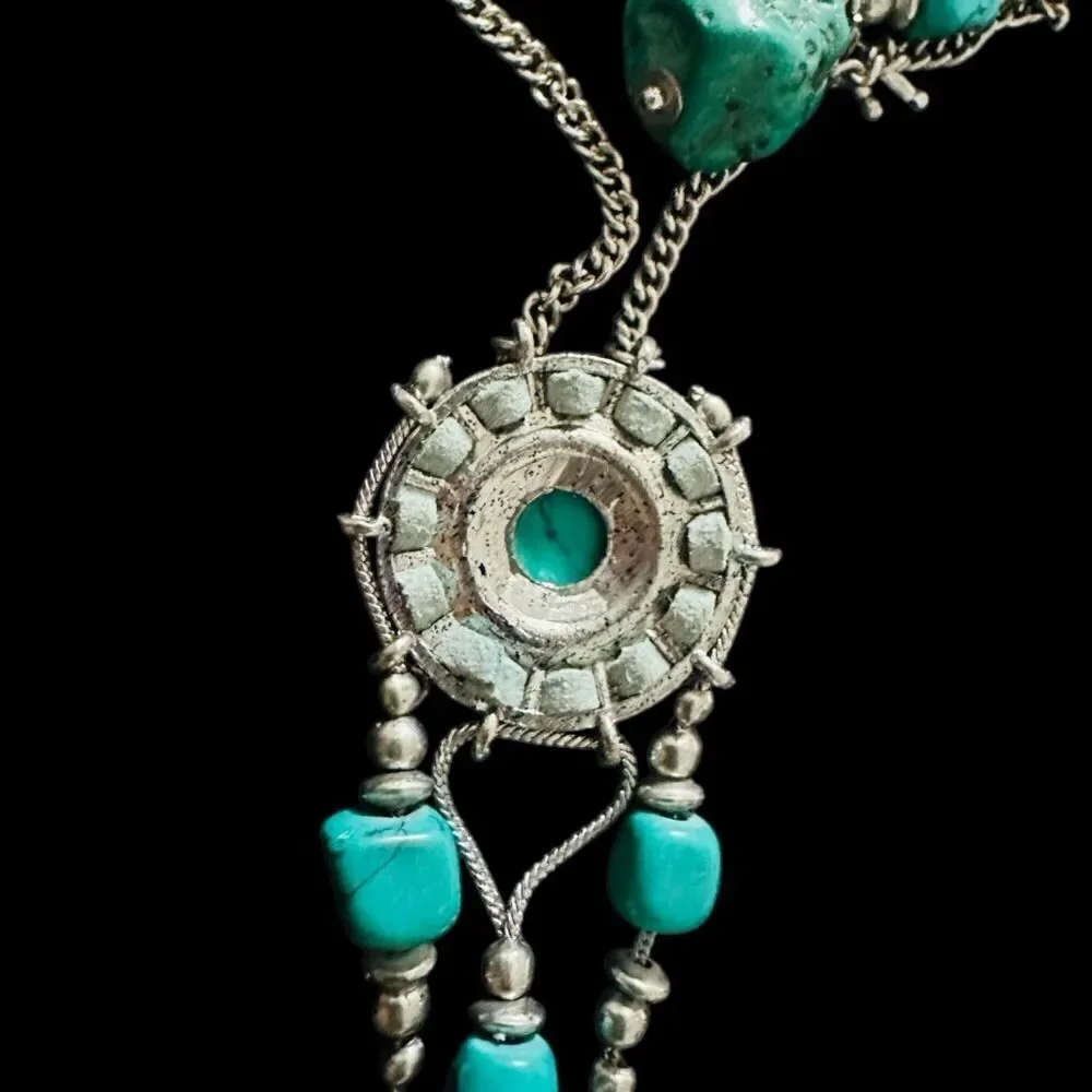 Silver Toned Faux Turquoise Stone Necklace Western Boho Leather Rawhide